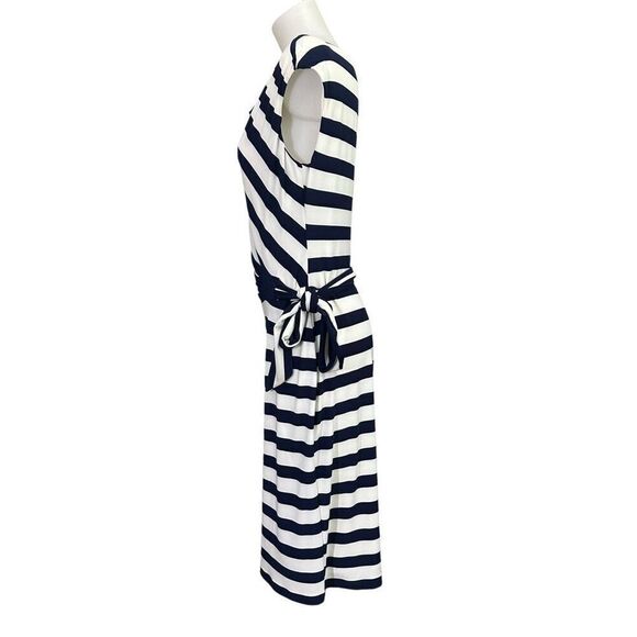 Ralph Lauren Navy White Striped Cap Sleeve Ruched Waist Drape Neck Dress sz‎ 12 - Picture 4 of 12